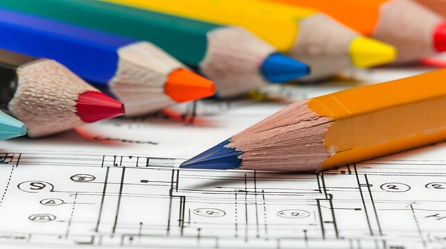 Colorful Pencils Arranged on Detailed Architectural Blueprints Highlighting the Creative Process in Design and Engineering