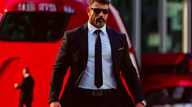 Bodyguards. Corporate bodyguard service in suits. Professional security for businessmen in blacked out glasses.
