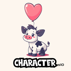 Cute cow holding a balloon logo, vector, mascot, character, illustration