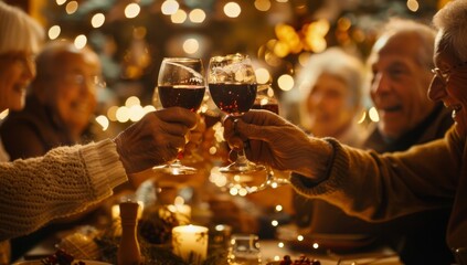Elderly People Toasting Wine at Festive Holiday Gathering Under Warm Lights