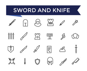 Sword and knife line icon set with editable stroke collection for web and ui. Line icons pack. Vector illustration.