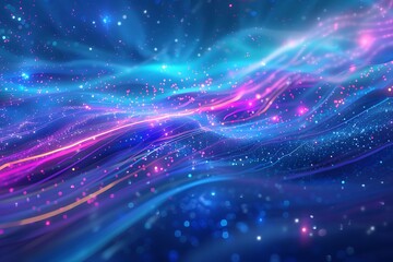 Obraz premium A dreamy cosmic abstract scene with deep blue transitioning to light purple, enhanced by bright neon streaks and glowing particles, evoking a sense of cosmic wonder and beauty.