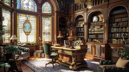 Obraz premium elegant home office in a Victorian mansion, with period furniture, stained glass windows, and a majestic bookcase