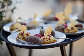 the cake on a plate placed on a table