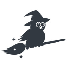 Cartoon Witch Owl on Broomstick Logo Icon Vector