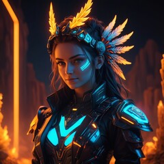 a woman with a dragon head and a neon orange background.