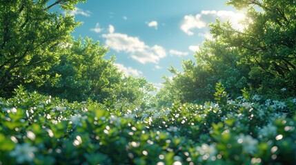 Fototapeta premium Sunlight Through Trees and Flowers