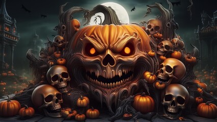 Pile of pumpkins and skulls on Halloween night