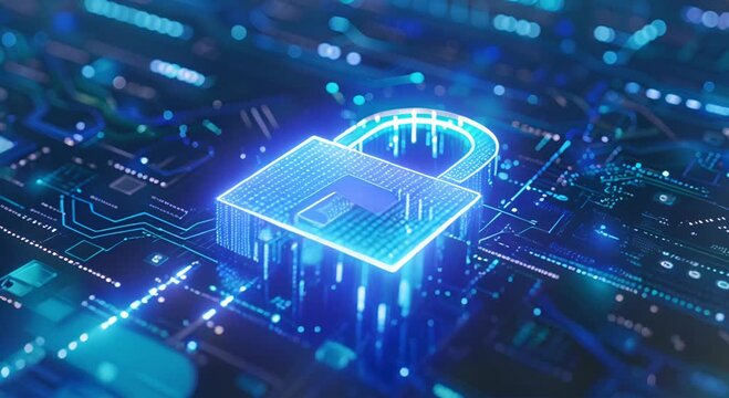 Digital padlock on abstract cyber security technology blue background with binary code