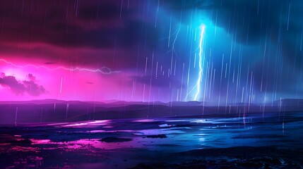 Futuristic Atmosphere: Rain-Drenched Landscape in Complementary Tones