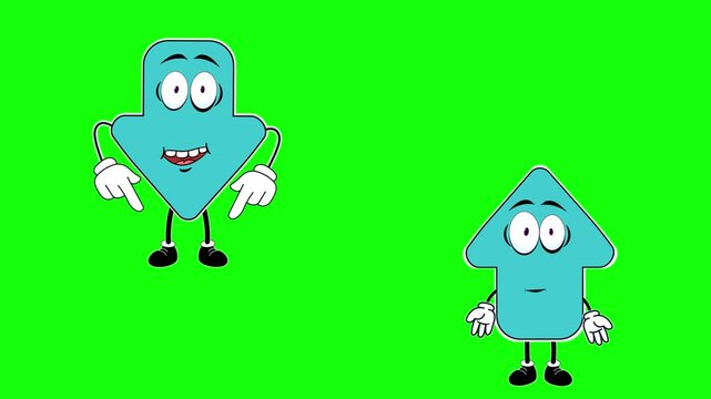 Cartoon characters with up and down arrows on a green chroma key background, pointing directions with fingers and hands
