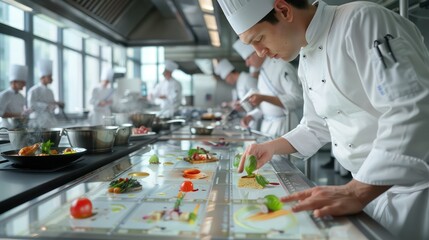 innovative culinary school where chefs train with digital recipe books and cooking simulations on touch screens