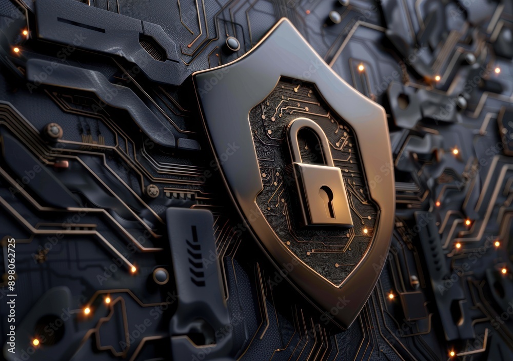 Poster A metallic shield with a padlock on a circuit board symbolizing digital security