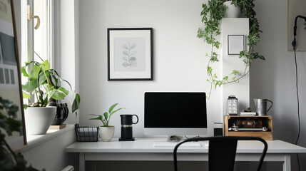Fototapeta premium A white desk with a computer monitor and a black framed picture