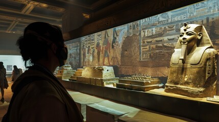 Obraz premium interactive digital museum exhibit where visitors use augmented reality to experience historical events and explore ancient artifacts