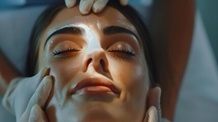 Fototapeta premium Close-up of a dermatologist gently massaging a woman's face during a beauty treatment