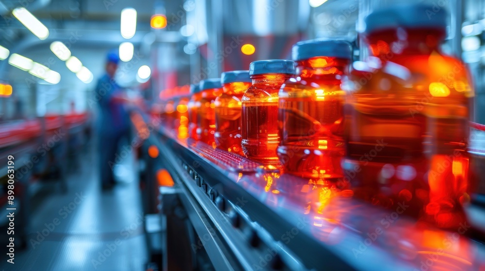 Poster a closeup view of glass jars filled with liquid moving along a conveyor belt in a factory setting
