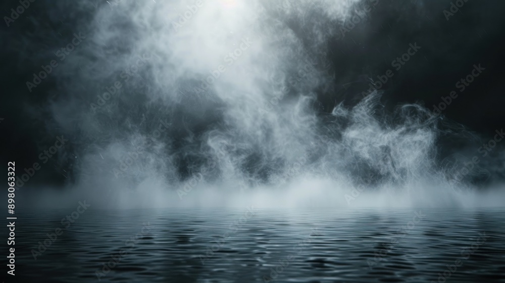 Poster a still body of water covered in a layer of white fog against a dark backdrop