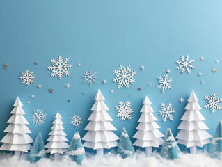 White Christmas trees and snowflakes on blue background. Paper cut style. Christmas card concept. Copy space.