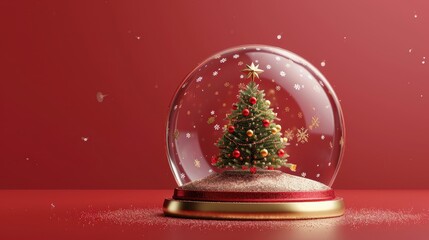 Christmas tree in Glass snow globe on red background, Christmas decorative design with white snowdrift,snowflakes,glow garland,3d decorative garland glow.Xmas Decorations,Vector illustration.