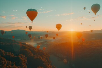 Obraz premium Colorful hot air balloons fly over sunset mountains and meadows, creating a picturesque scene