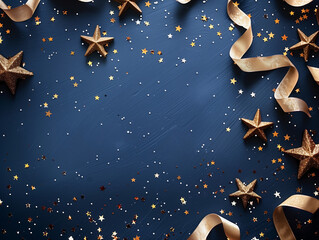 Golden Christmas decoration with golden glitter on blue background. Copy space. Christmas card concept.