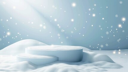 Christmas tree with white snowdrift,snowflakes,snow land,podium with bauble,Christmas theme stage podium mock up for product placement,Happy New Year. Celebrate party,Xmas Poster,web banner,festive.