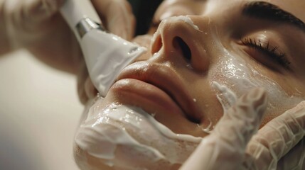 Close-up of a dermatologist's hands applying a facial peel to a smiling woman's skin