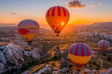 Obraz premium Colorful hot air balloons soar over sunset mountains and meadows in breathtaking view