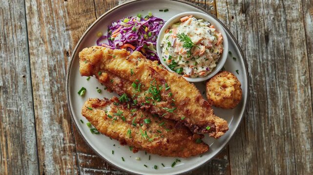 Delicious Fried Fish with Coleslaw and Side Dish on Rustic Table