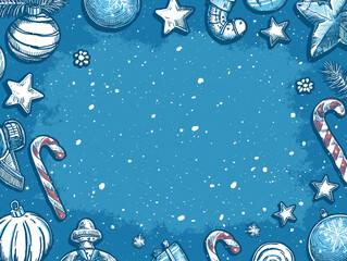 Blue background with snow flakes and Christmas decoration. Christmas card concept. Copy space