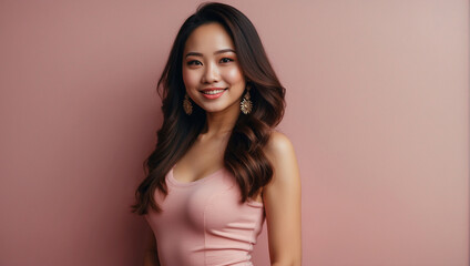 Naklejka premium Asian hot woman in elegant pink dress, fashion model studio portrait