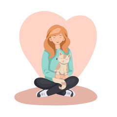 Vector clipart illustration of a volunteer girl with a cat on heart background in flat style. Adoption and rescue of homeless animals. Veterinary medicine and assistance