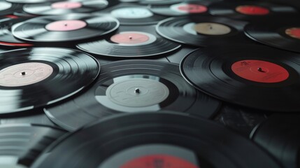 An overhead shot of a collection of vintage vinyl records laid out, showcasing various labels and colors, representing a nostalgic music era with diverse genres.