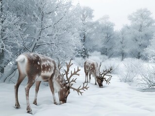 Naklejka premium Reindeer grazing in a snowy winter wonderland