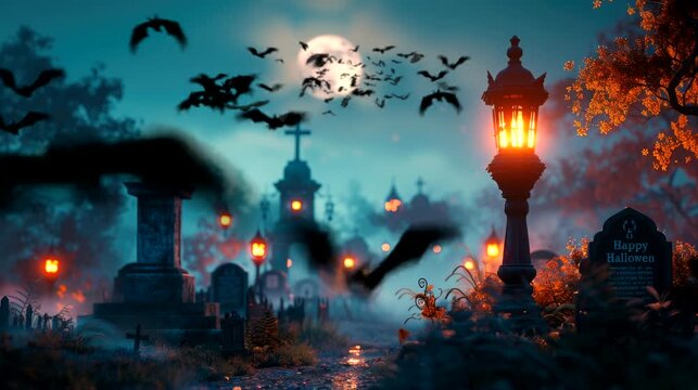 Happy Halloween featuring a spooky graveyard at night. seamless looping time-lapse virtual 4k video animation