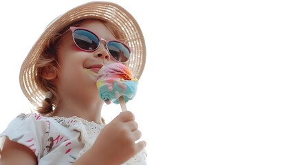 A young child with sunglasses and a straw hat is delightedly eating a rainbow-colored ice cream on a stick.