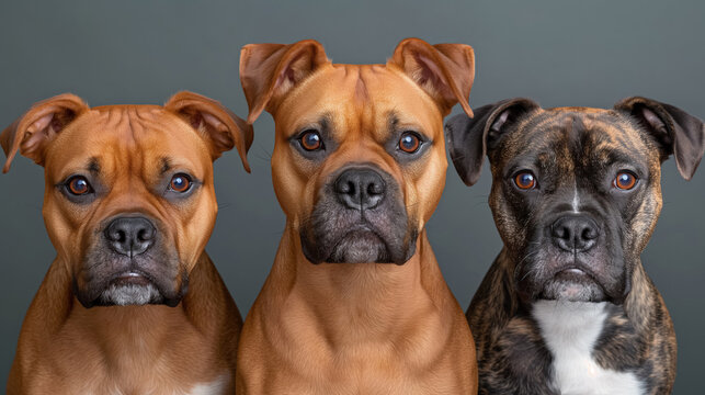 Three brown and brindle boxers with expressive eyes and serious expressions sit closely together against a plain gray background, showcasing their distinct yet similar appearances.