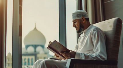 A Muslim man is reading the Quran with a mosque landscape in the background