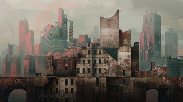 Futuristic War-Torn City Landscape with Fallout and Ruins