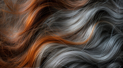 Naklejka premium Wavy strands of hair in shades of gray, black, and orange, creating a dynamic and textured visual with a smooth flow and rich colors.