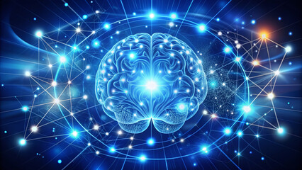 Fototapeta premium Mindful abstract illustration of a brain made from shining icons and glowing lines, surrounded by stars and Orbiting circles in a dark blue background.