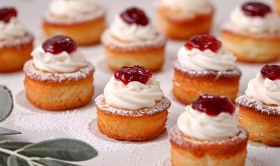 small cakes with cream and jam spread, Generative AI
