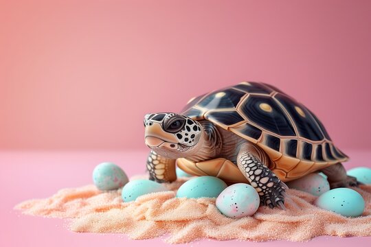 A cute turtle with blue patterned eggs on a pastel pink background. The scene is playful and visually appealing, with ample free space on the side, emphasizing the turtle and its eggs.
