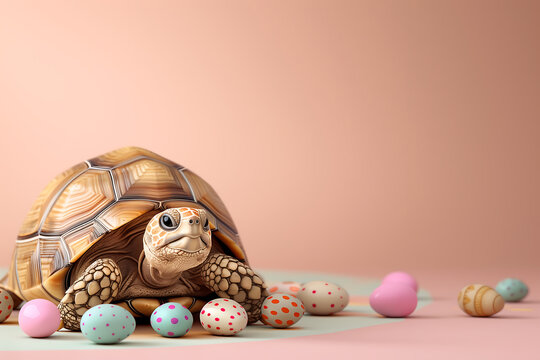 A cute turtle with colorful, patterned eggs on a pastel background. The scene is playful and visually appealing, with ample free space on the side, emphasizing the turtle and its eggs.