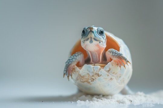 A baby turtle emerges from its egg, with its head and front legs pushing through the cracked shell. The turtle's skin features intricate patterns and textures, creating a rebirth and new life.
