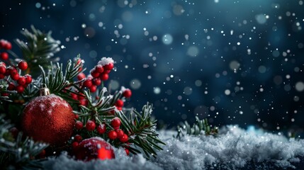 Festive Red Christmas Ornaments and Holly Berries with Snowflakes Falling at Night