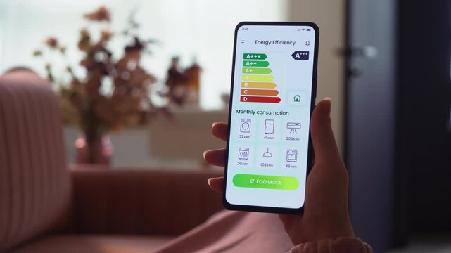 Turning on ECO mode on smart home app. Increasing savings by decreasing energy consumption of a house. Fictional Interface.