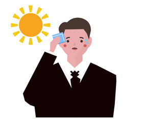 猛暑の炎天下の中、汗を拭くスーツを着たビジネスマンの男性のイラスト。スーツ暑い。暑い夏の外出先。ベクターイラスト