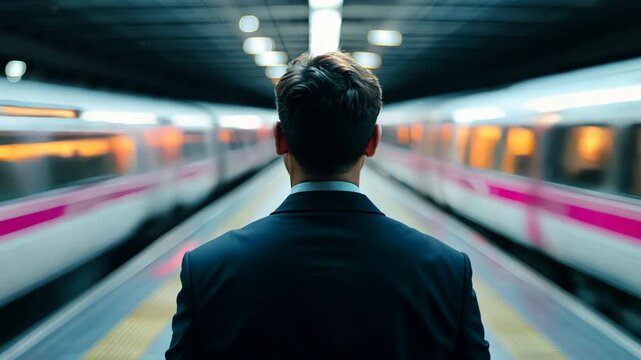 Businessman standing on a train platform as trains pass by, perfect for themes of travel, commuting, and modern business life